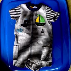 Gymboree 6-12 one piece shorts set white and blue strips. Nautical designs